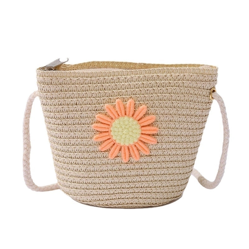 Women's Mini Straw Daisy Vintage Style Round Zipper Straw Bag