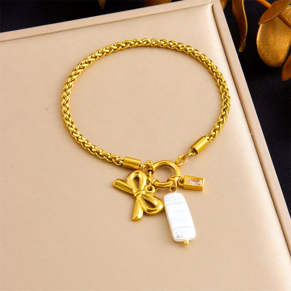Fashion Simple Gold-Plated Twist Chain Bow Shell Pendant Stainless Steel Gold-Plated Bracelet