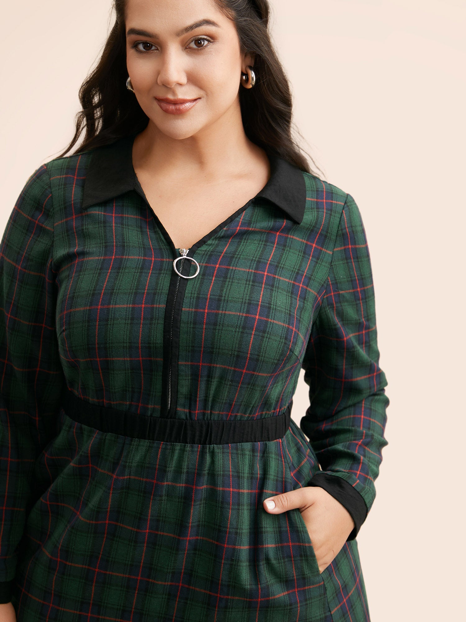 Contrast Plaid O Ring Zipper Dress