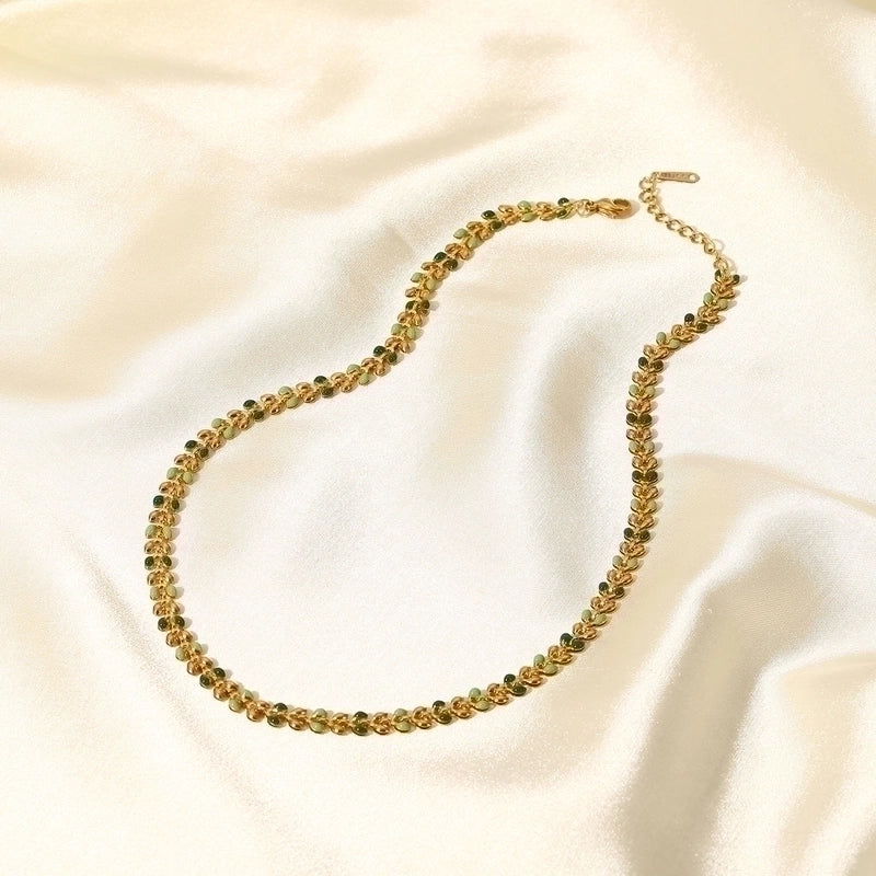Fashion 18k Gold Green Drop Olive Leaf Women's Stainless Steel Necklace