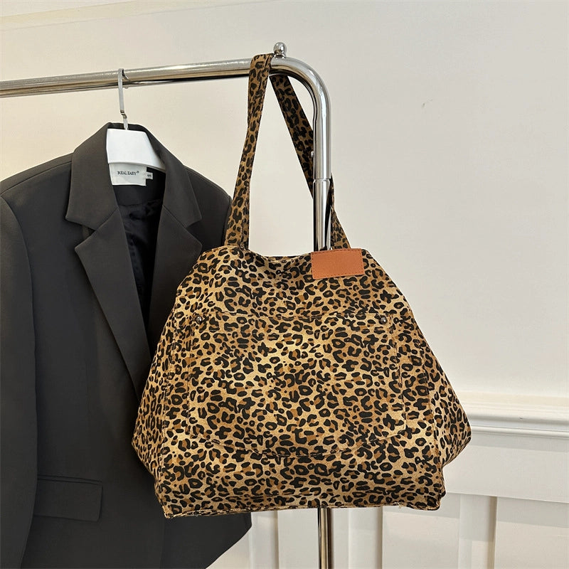 Women's Canvas Leopard Classic Style Sewing Thread Bucket Open Tote Bag