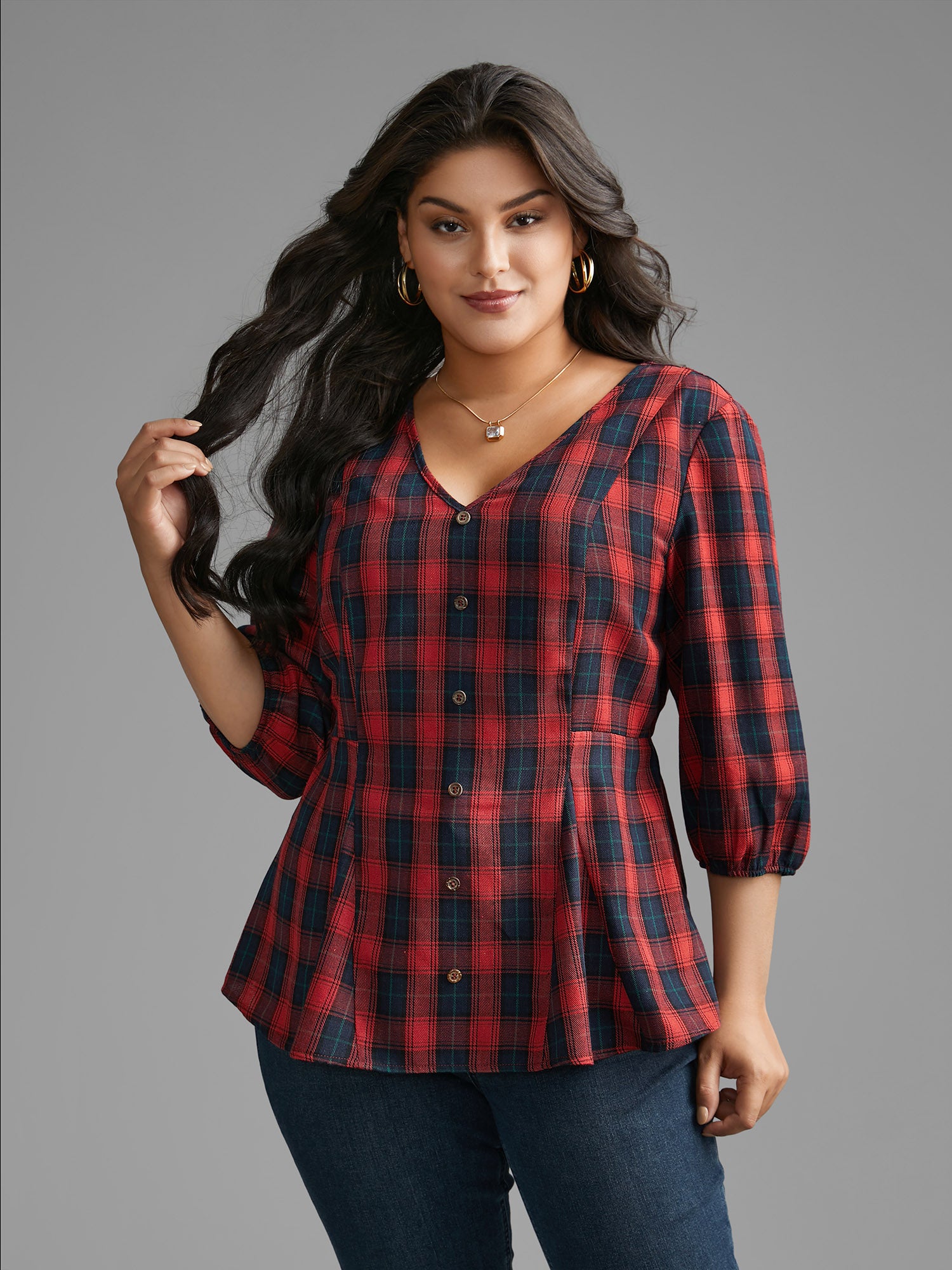 Plaid Button Detail Lantern Sleeve Blouse