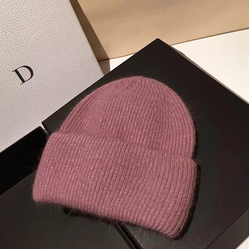 Japanese High-End New Rabbit Fur Knitted Woolen Cap Women's Fashion Autumn Winter Japanese Beanie Hat Thermal Head Cover Knitted Hat