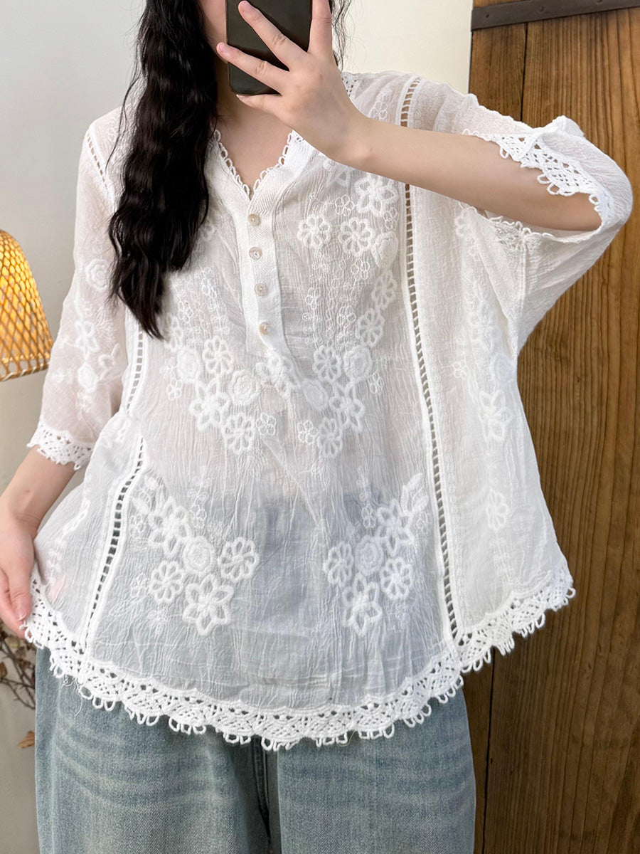 Women Summer Artsy Embroidery Flower Ramie V-Neck Shirt