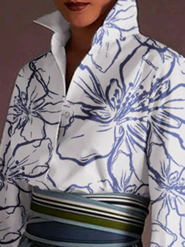 Flared Sleeves Long Sleeves Printed Split-Joint Lapel Blouses&Shirts Tops