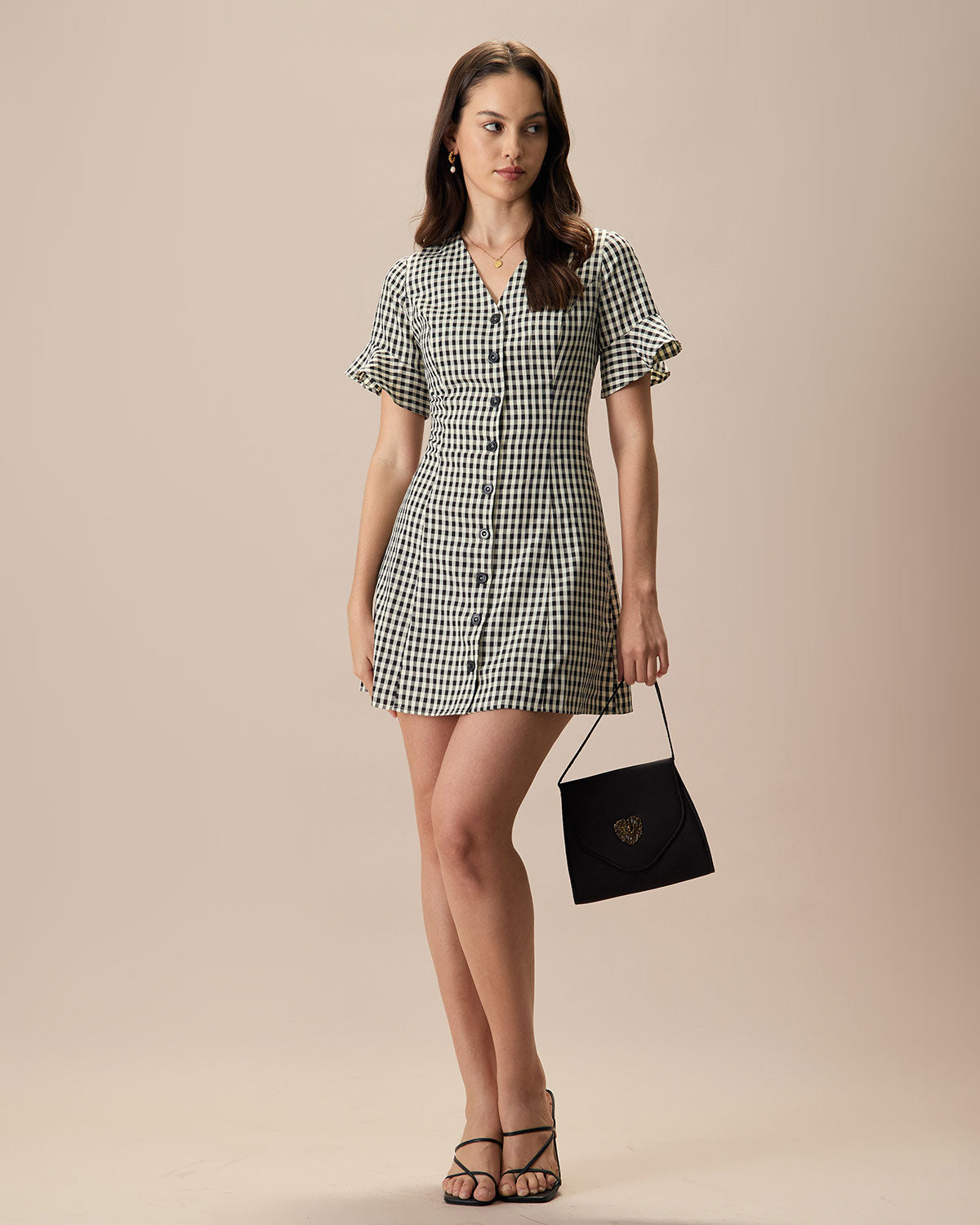 The Black V Neck Plaid Cotton Mini Dress