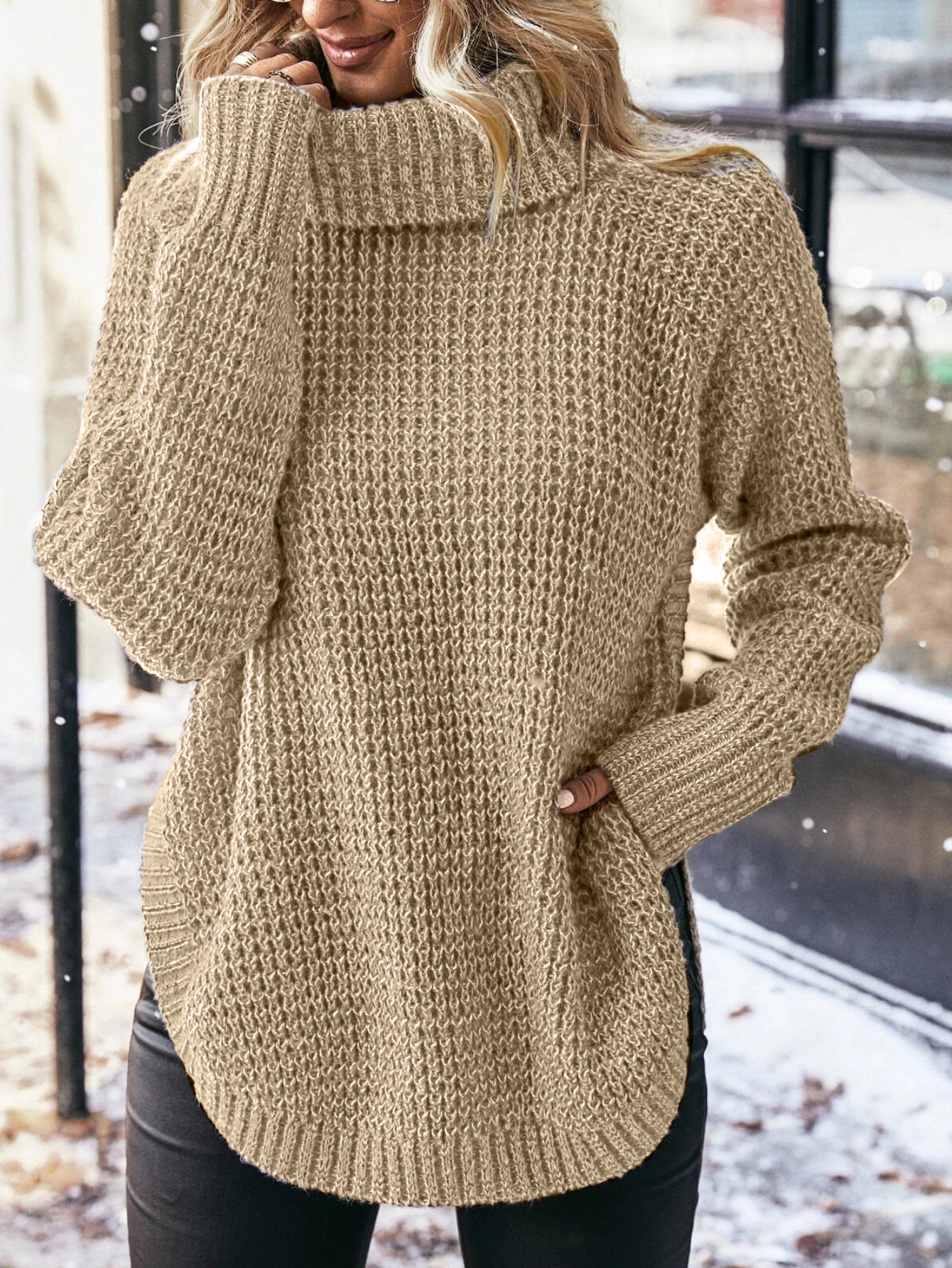 Turtleneck Drop Shoulder Cotton Knit Sweater