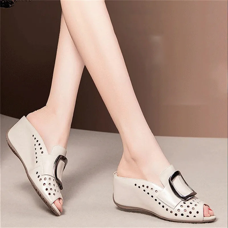 Hollow Fish Mouth Metal Buckle Wedge Heel Sandals