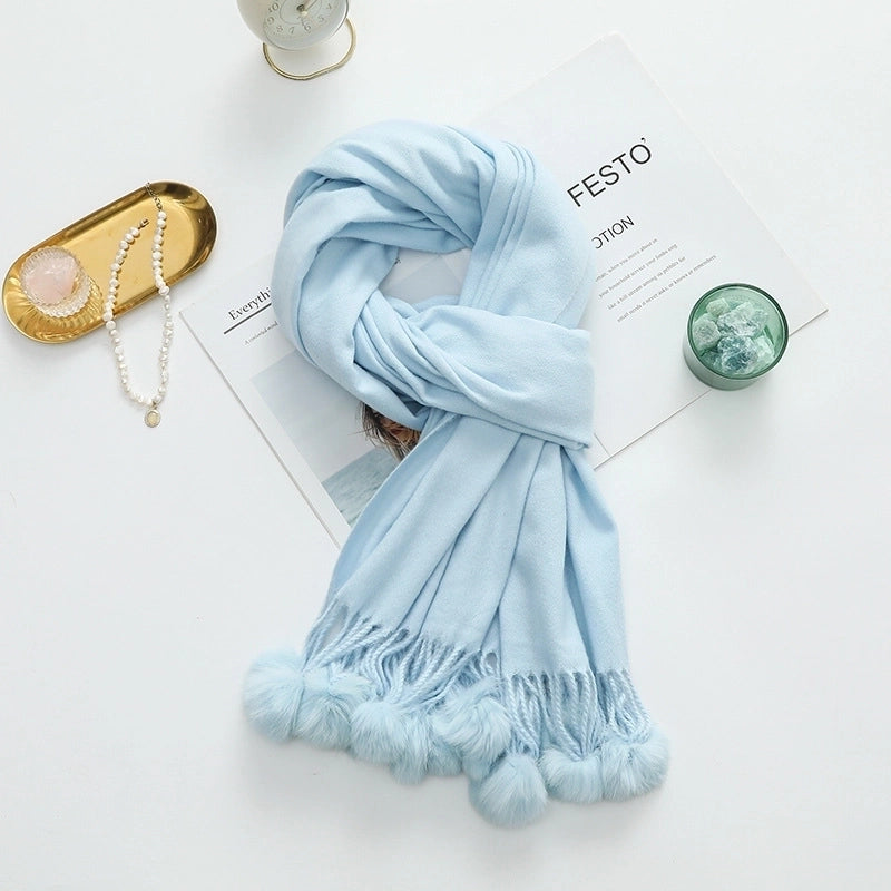 Cashmere Wool Scarf Women's Autumn And Winter High-grade Solid Color Ball Scarf Shawl Fur Ball Imitation Cashmere Scarf