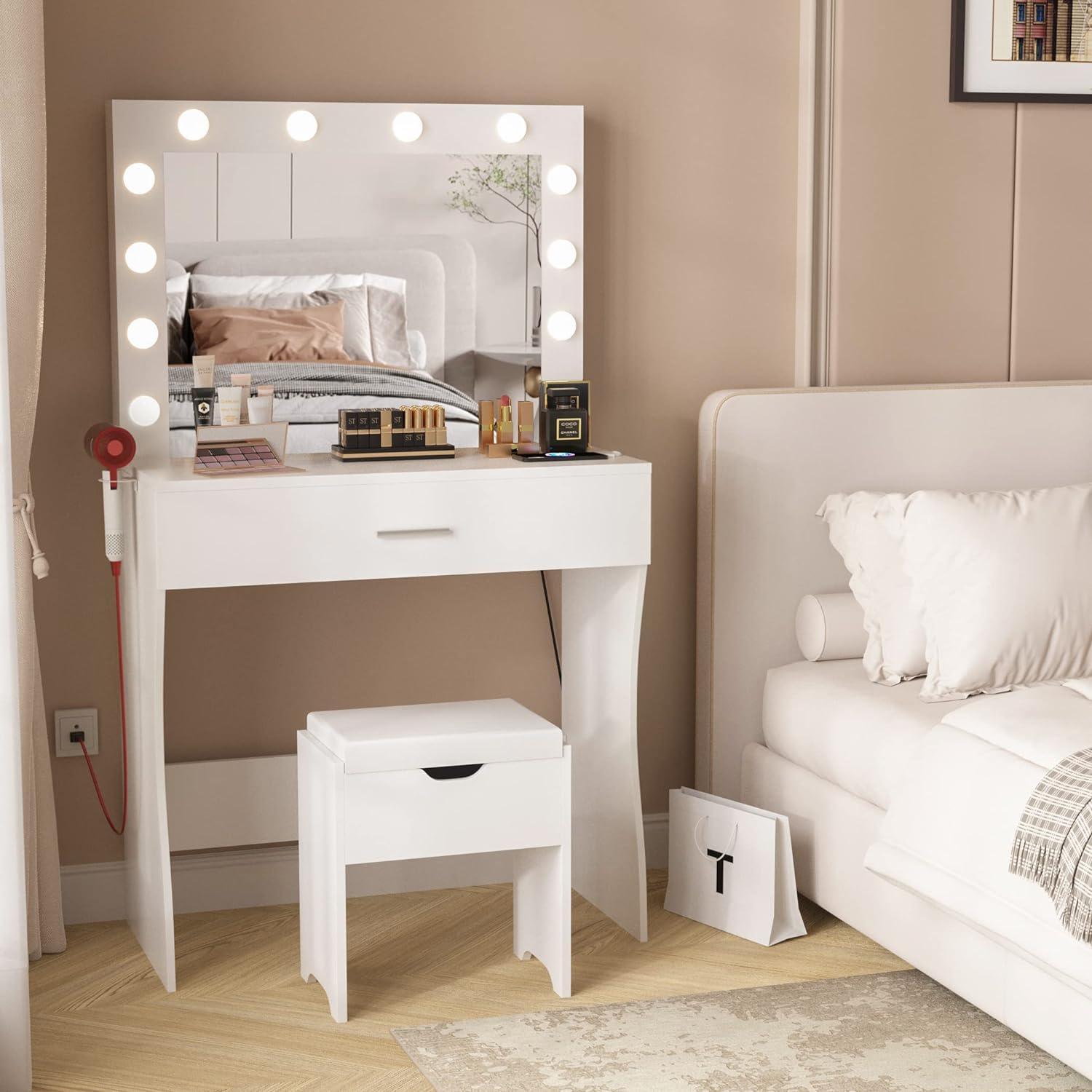 Vanity Table Set with Lighted Mirror - Makeup Vanity with Charging Station