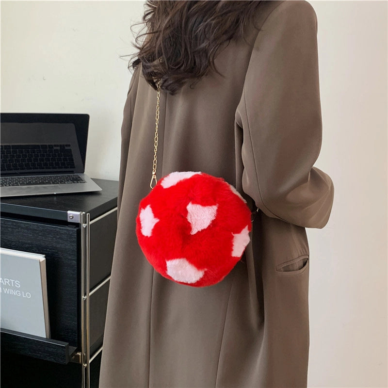 Women's Small Plush Football Streetwear Sewing Thread Round Zipper Crossbody Bag