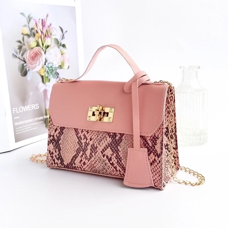 Women's Medium Pu Leather Snakeskin Fashion Square Lock Clasp Crossbody Bag