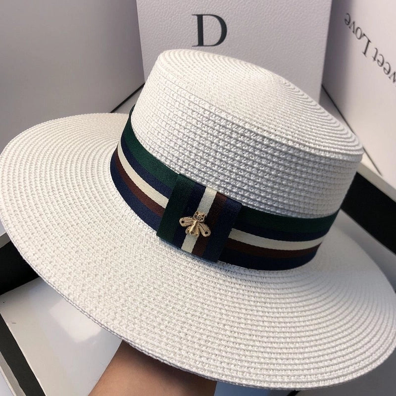 Hat Multi-color Striped Bee Flat Top Top Hat Summer Fashion Korean-style Travel Sunshade Straw Hat Women