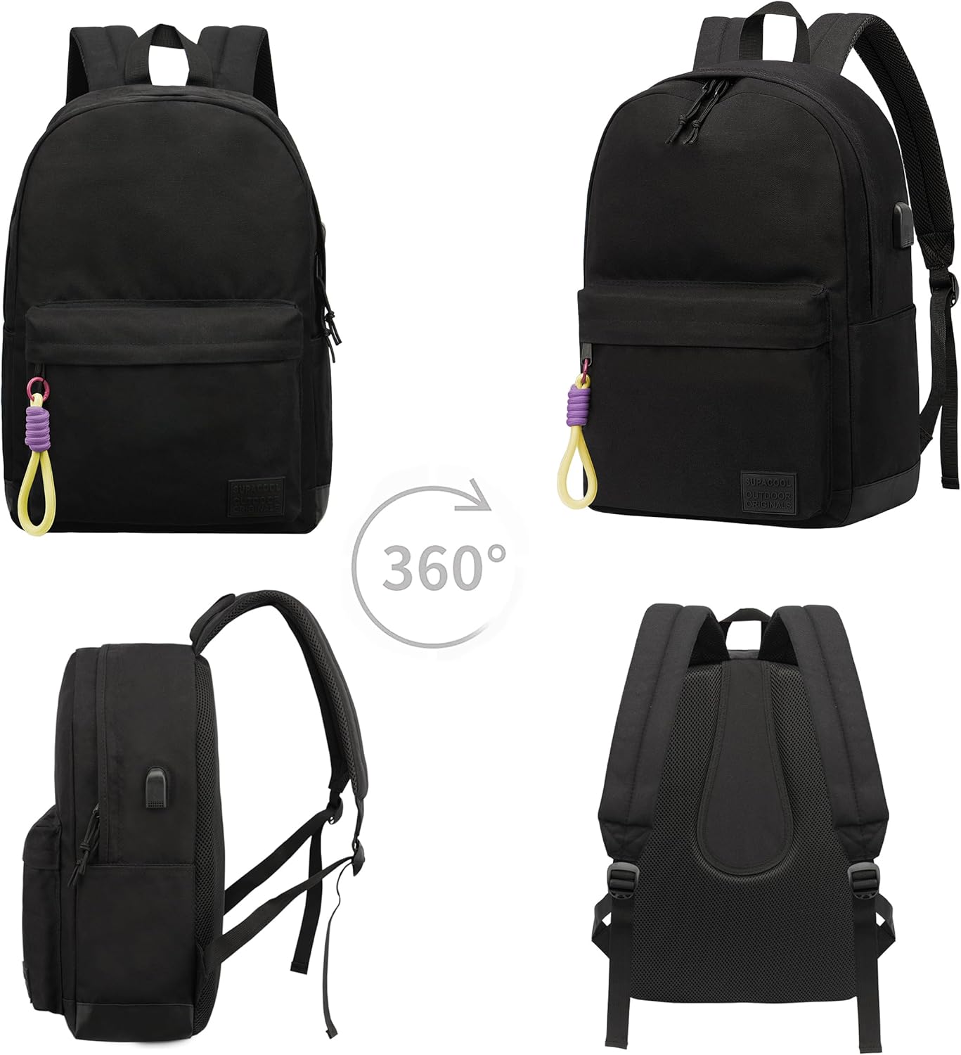 SUPACOOL Casual Laptop Backpack for Men and Women, School Backpack for Boys and Girls, College Bookbag, USB Charging Port, Lightweight Back Pack(Black)