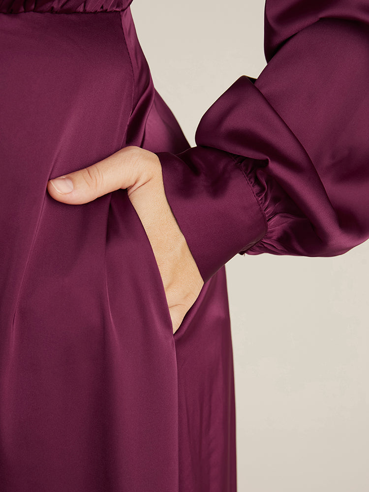 Solid Pocket Keyhole Mock Neck Satin Midi Dress