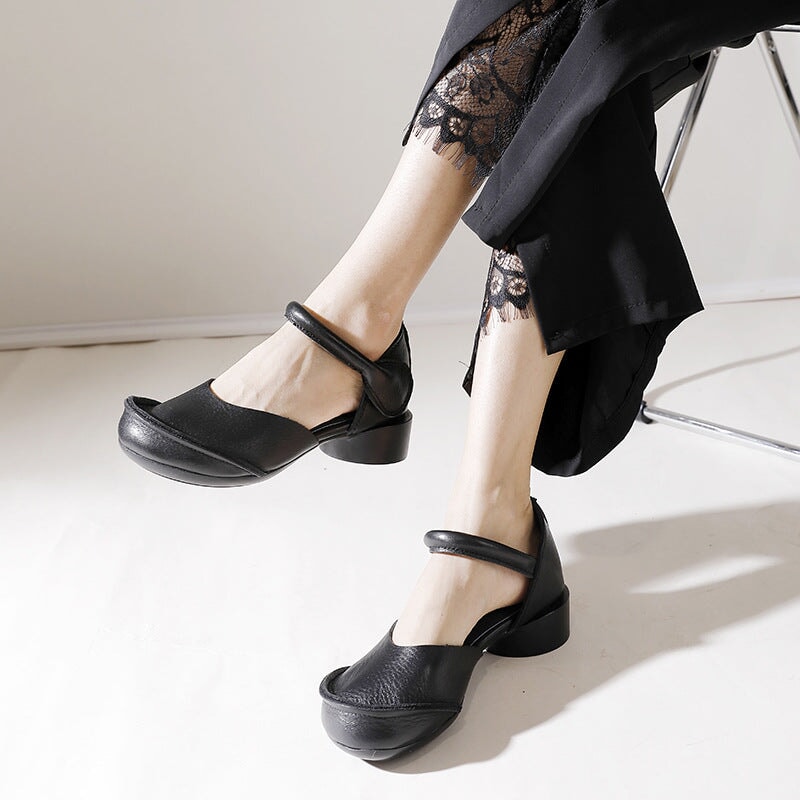 Retro Soft Leather Ankle Strappy Sandals Handmade Closed Toe in Brown/Black