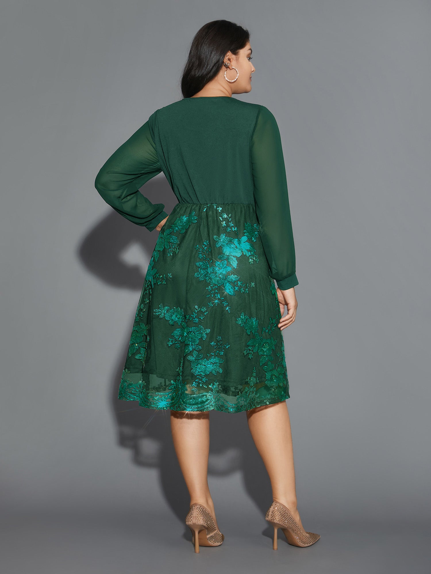 Sequin Overlap Collar Sheer Sleeve Lined Dress