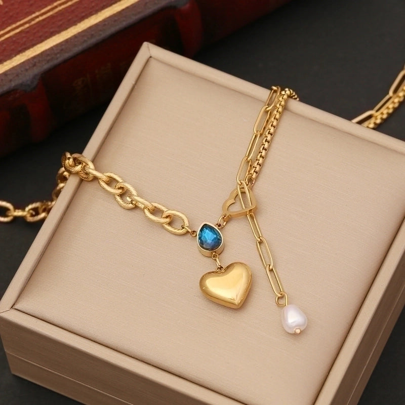 1 Piece Vintage Style Water Droplets Heart Shape Stainless Steel 18k Gold Plated Gem Pendant Necklace