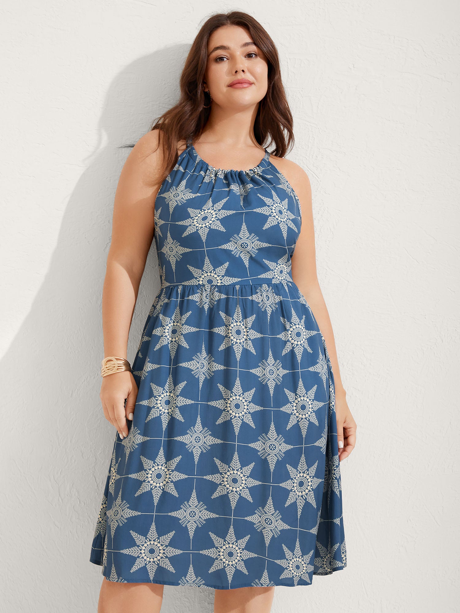 Starry Print Sleeveless Pockets Midi Dress