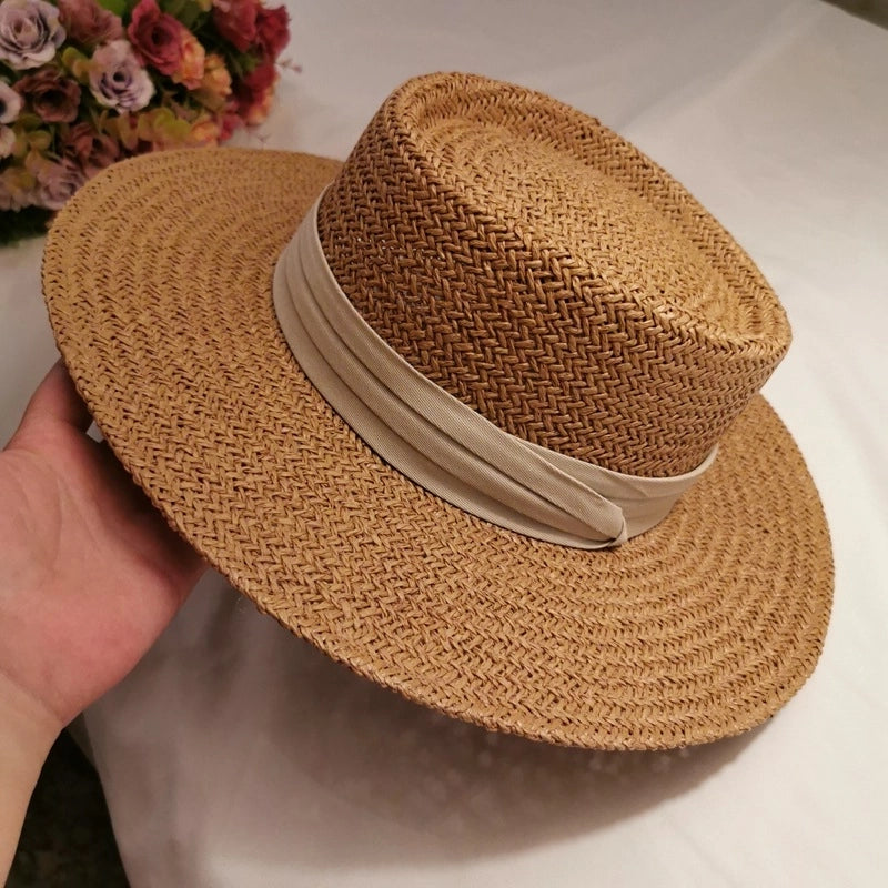 Hard Top Straw Hat Women's Summer Seaside Flat Top Big Brim Hat Leisure Holiday Beach Hat Flat Rim Ceremony Hat