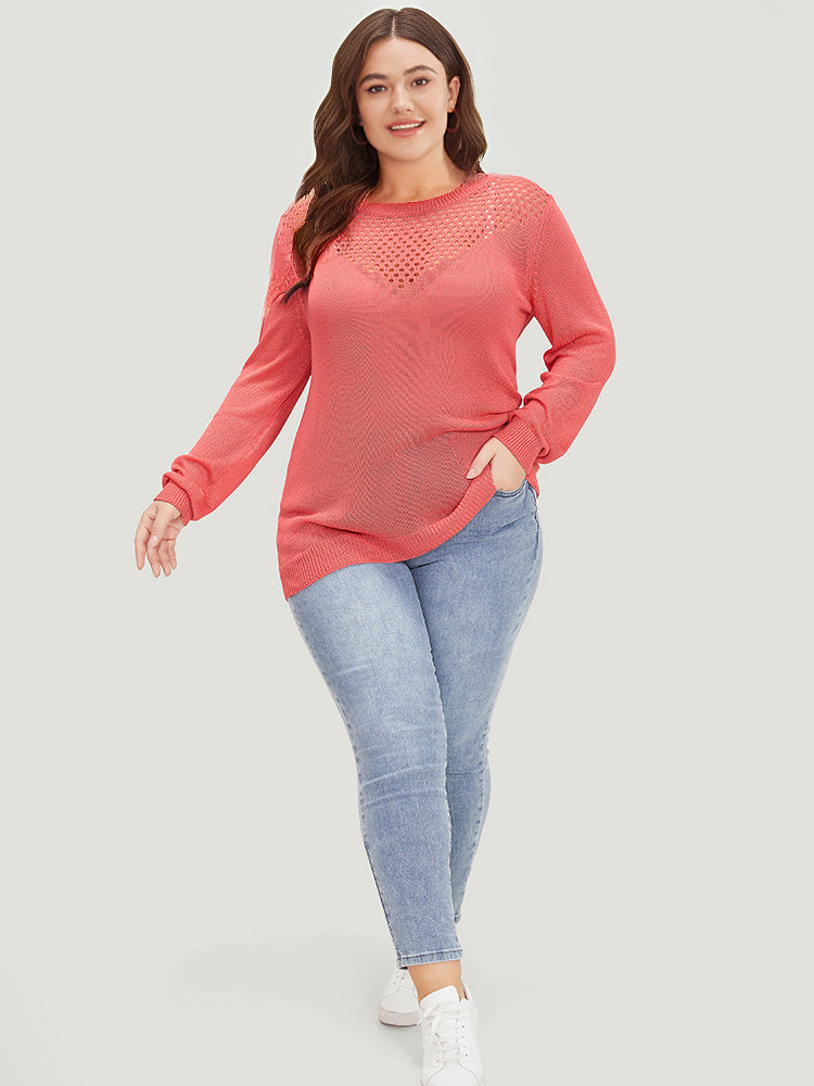 Plain Patchwork Cut Out Round Neck Pullover