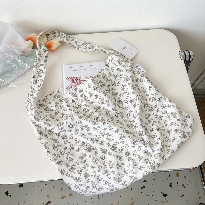 Women's Medium Canvas Flower Basic Classic Style Square Open Canvas Bag