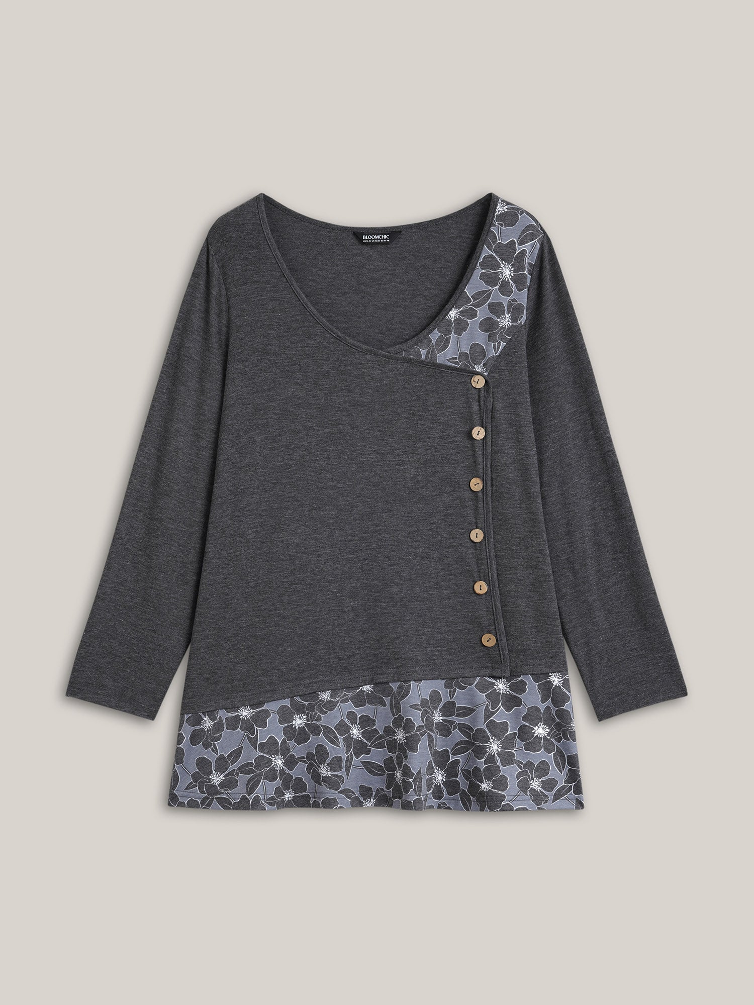 Printed Side-Buttons Wrap Knit Top