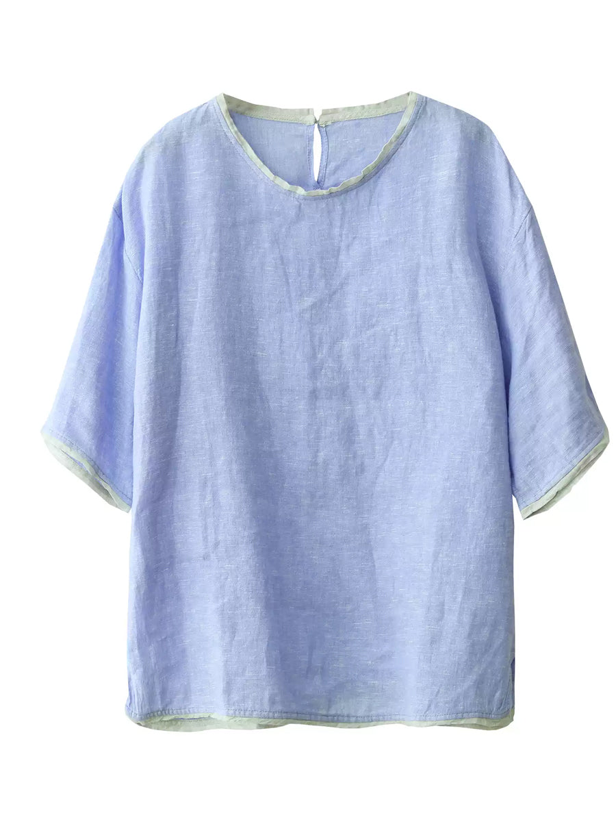 Women Summer Casual Pure Color O-Neck 100%Linen Shirt