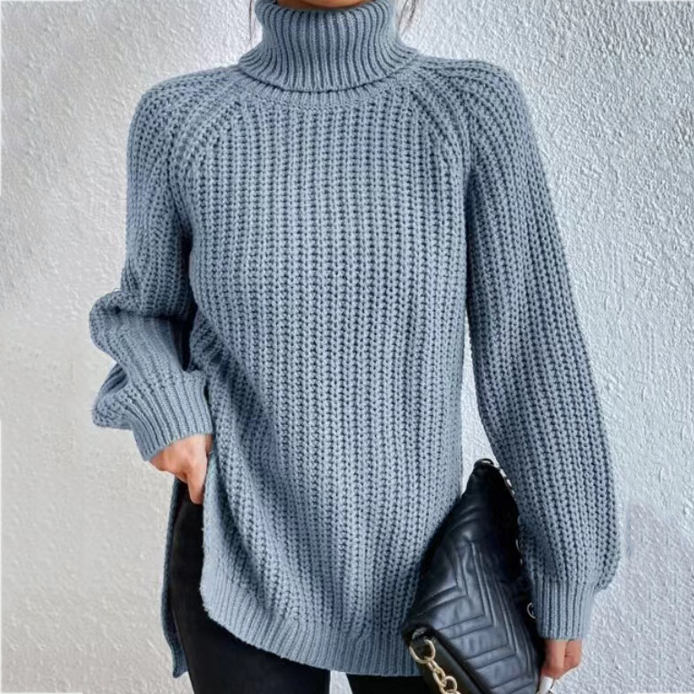 Retro Mid Length Raglan Sleeves High Lapel Split Sweater