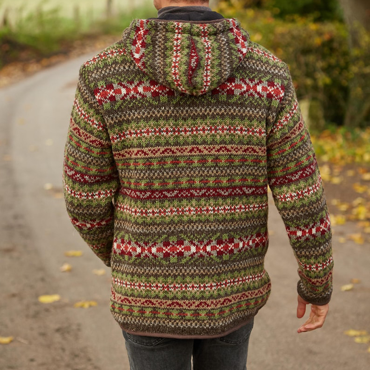 Mens Vintage Fair Isle Knitted Hooded Cardigan