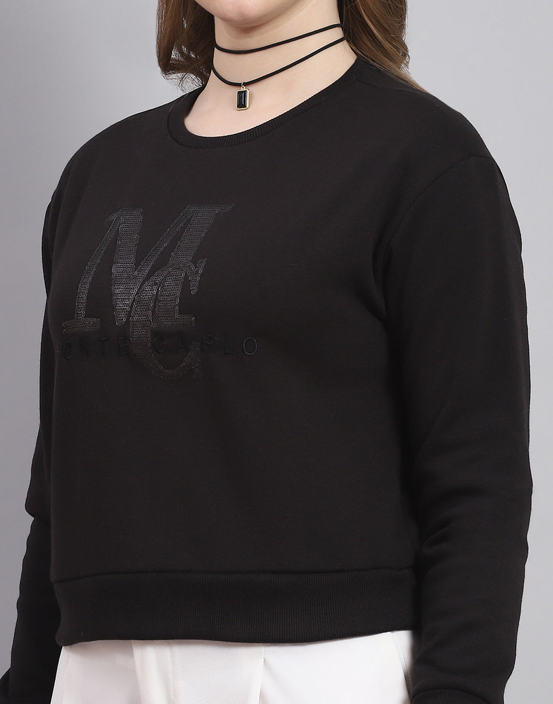 Women Black Embellished Round Neck Full Sleeve Sweatshirt