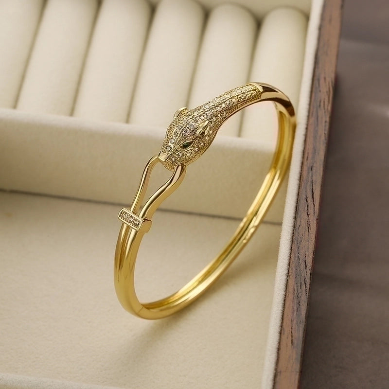 2 Pieces Hip-hop Leopard Copper 18k Gold Plated Pearl Zircon Bangle In Bulk