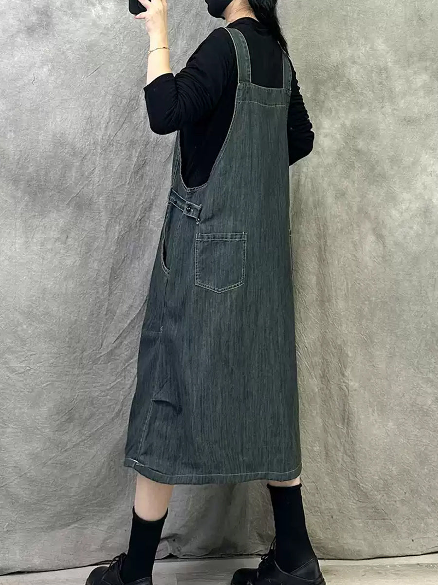 Women Spring Retro Pure Color Denim Suspender Dress