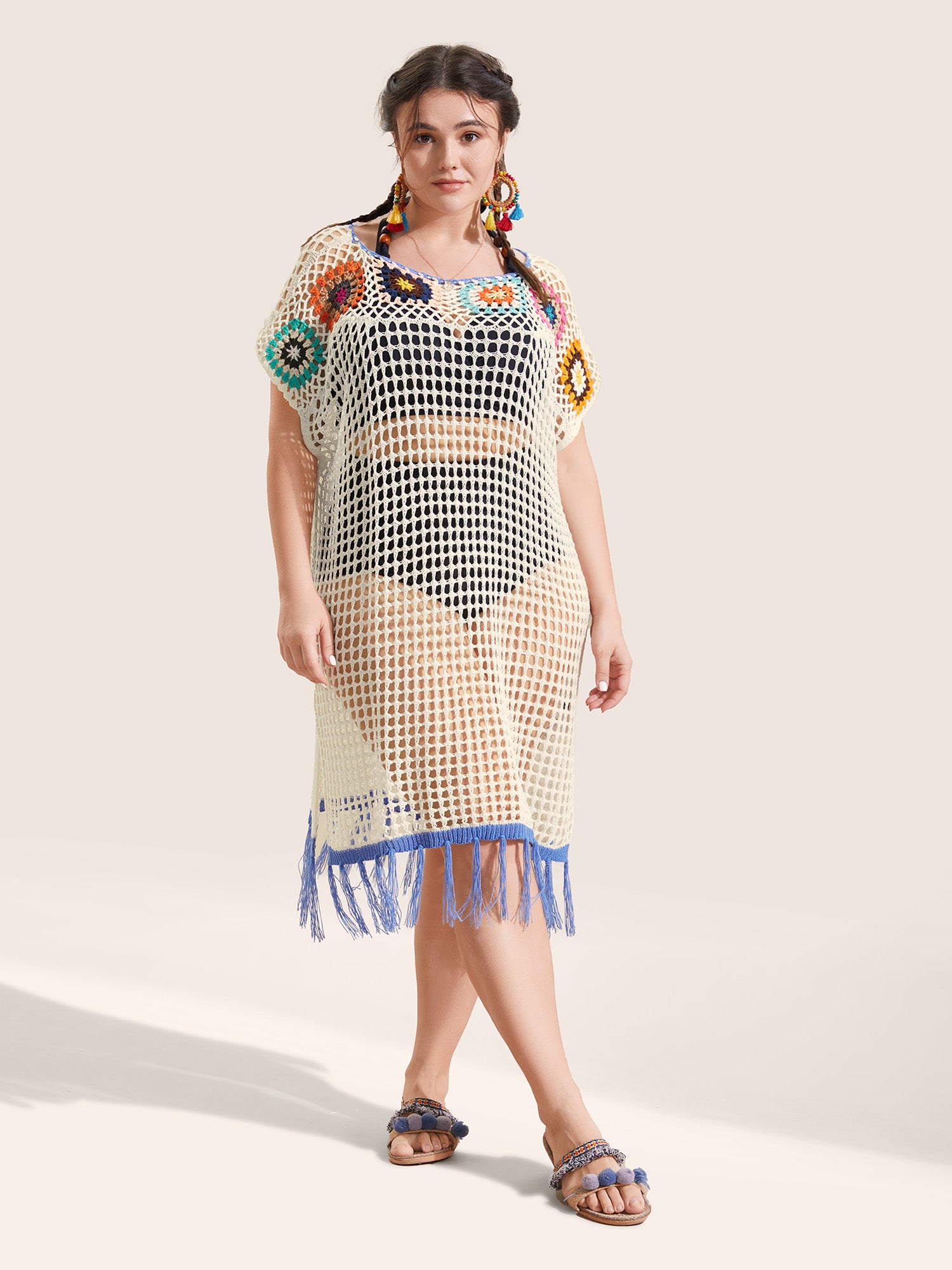 Contrast Crochet Cut Out Slit Hem Swim Cover Up
