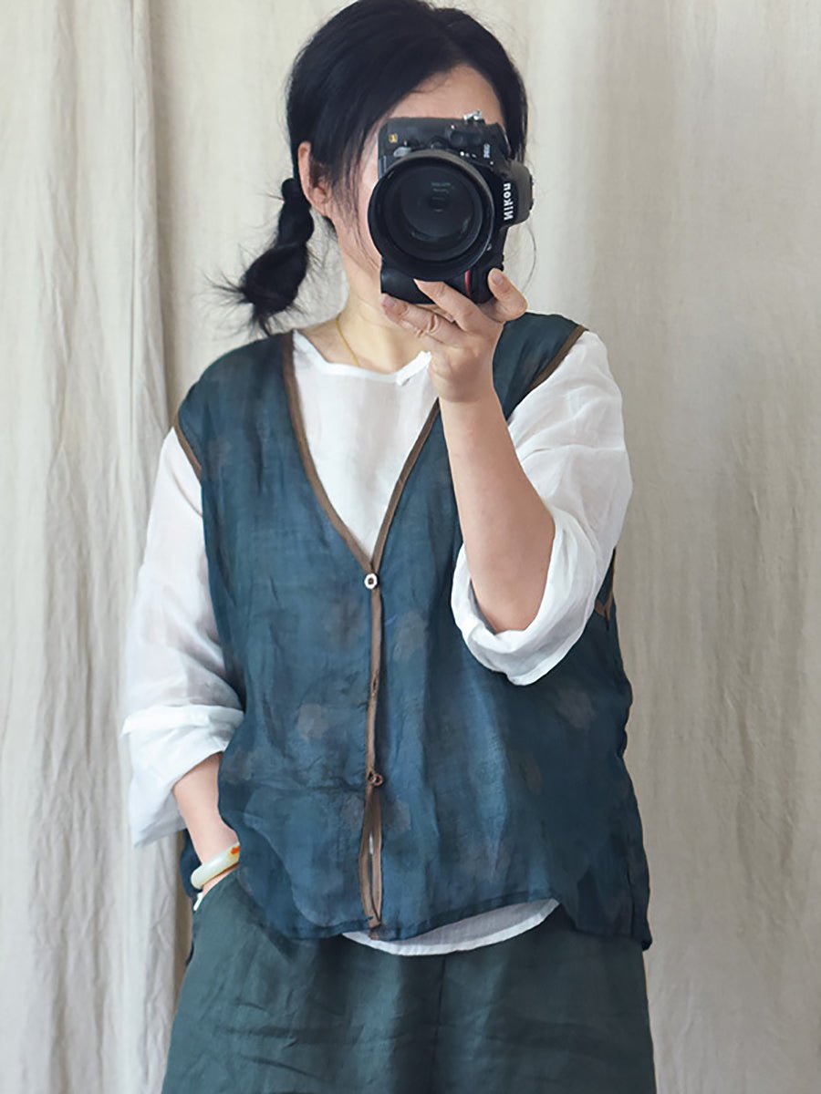 Women Vintage Floral Print Ramie Vest