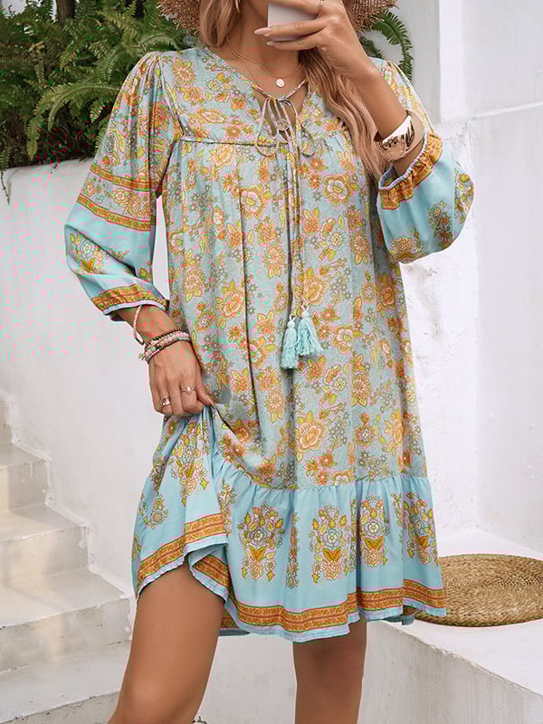 A-Line Loose Contrast Color Drawstring Flower Print Pleated Split-Joint V-Neck Mini Dresses
