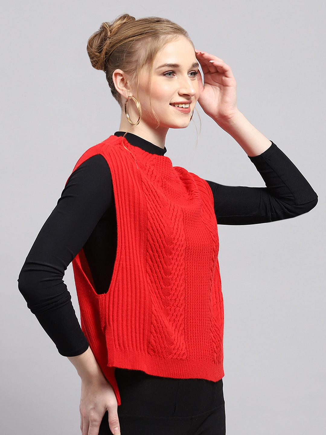 Women Red Self Design Round Neck Sleeveless Winter Tops