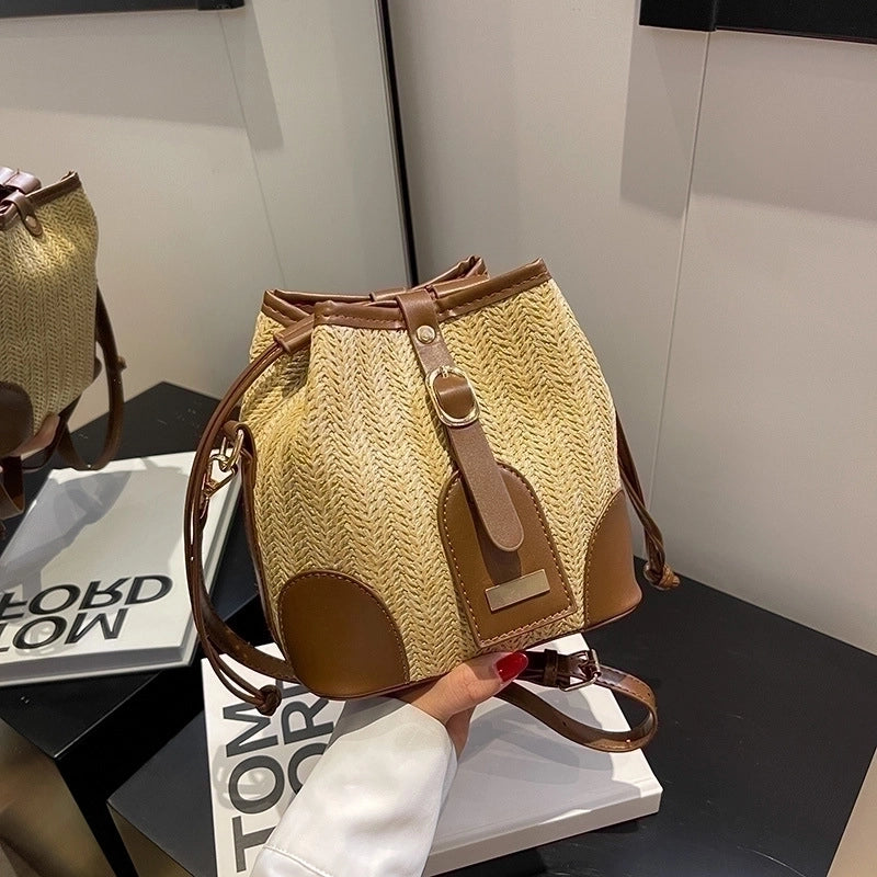 Women's Medium Pu Leather Straw Color Block Streetwear Bucket String Crossbody Bag
