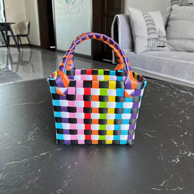Women's PVC Color Block Plaid Vacation Weave Square Open Square Bag