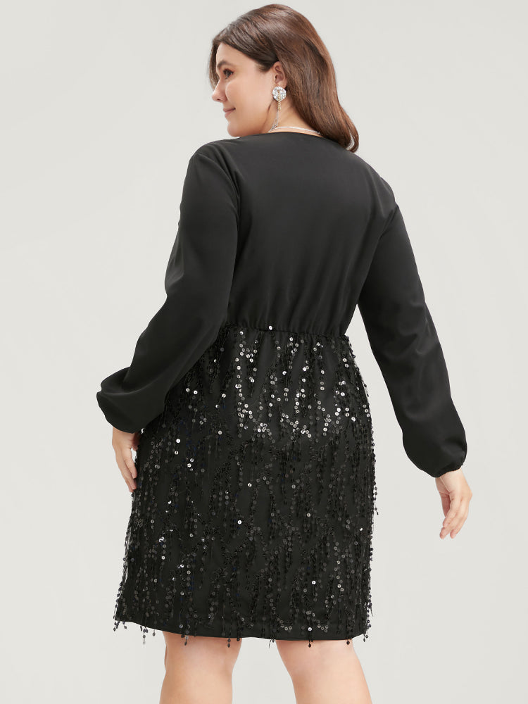 Solid Patchwork Wrap Sequin Tassel Detail Dress