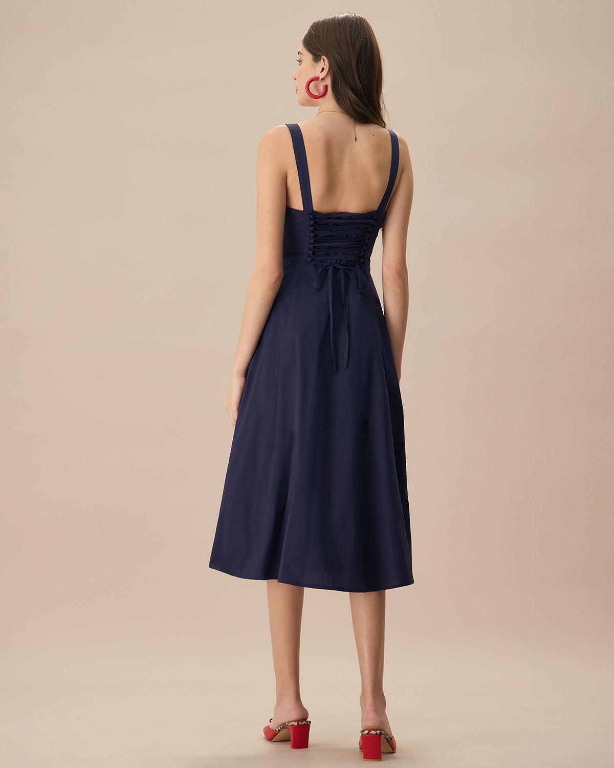 The Navy Square Neck Ruched Slip Midi Dress