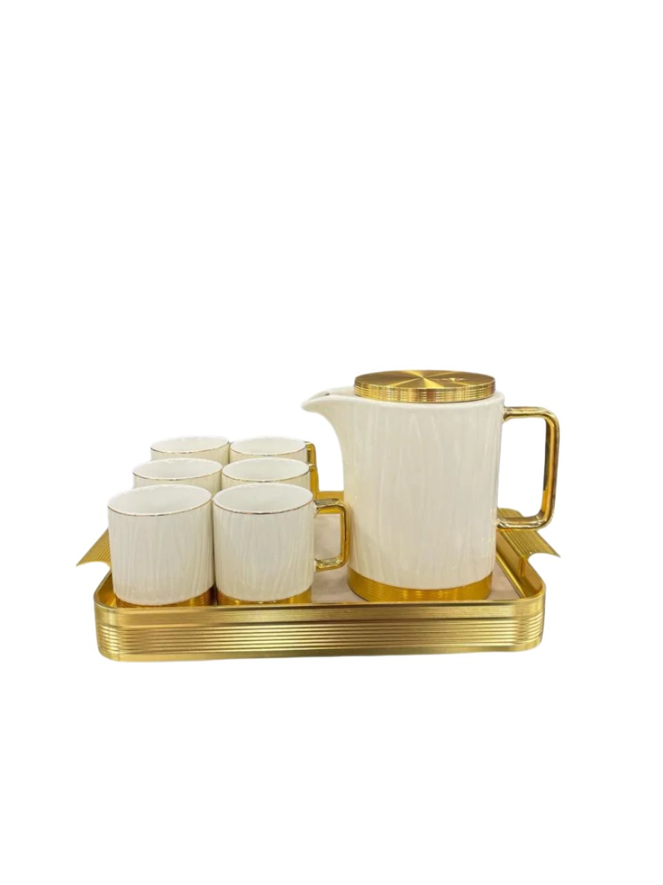 MODERN CERAMIC TEASET WITH METALLIC TRAY