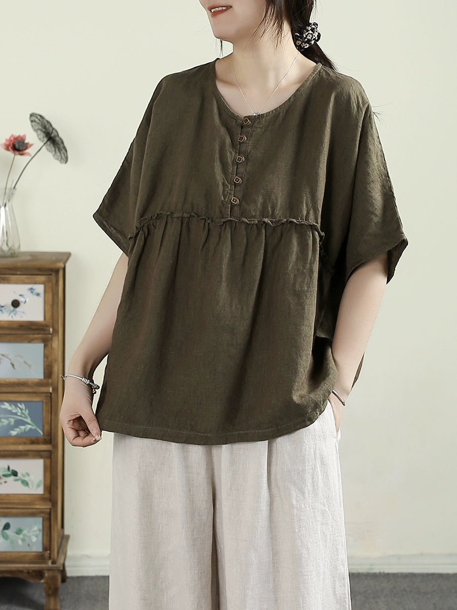 Women Summer Vintage Pure Color Spliced 100%Linen O-Neck Shirt