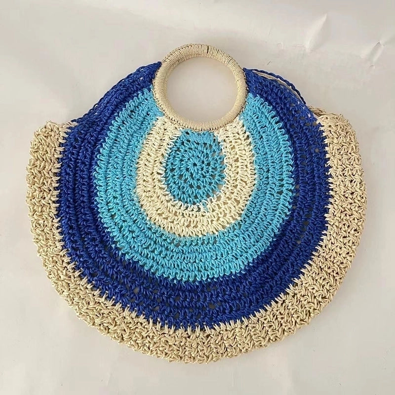 Women's Medium Straw Geometric Vintage Style Weave Round Zipper Straw Bag