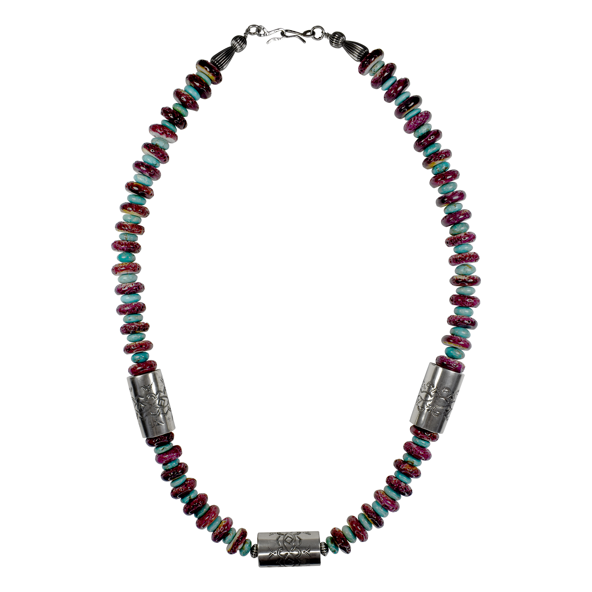 Purple Spiny Oyster. and Stamped Barrel Bead Necklace