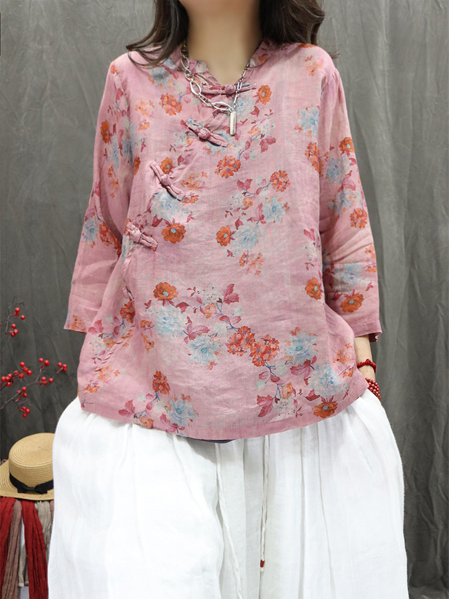 Women Summer Ethnic Stand Collar Flower 100%Ramie Shirt