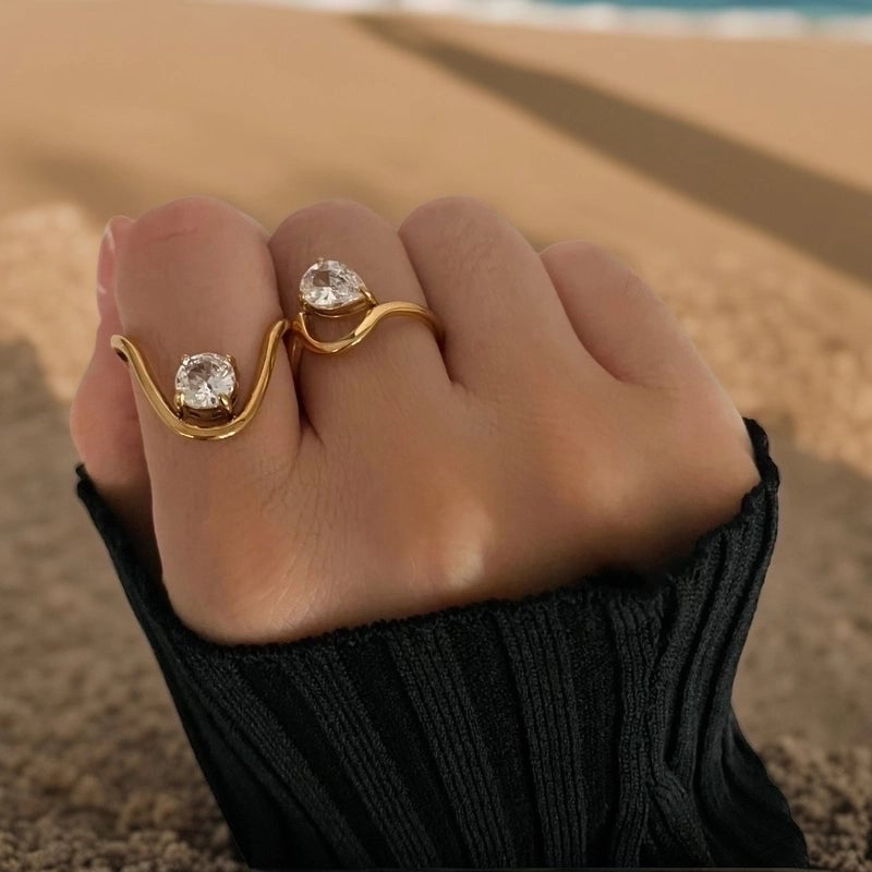 Romantic Shiny Round Water Droplets 316L Stainless Steel  Zircon 18K Gold Plated Inlay Rings