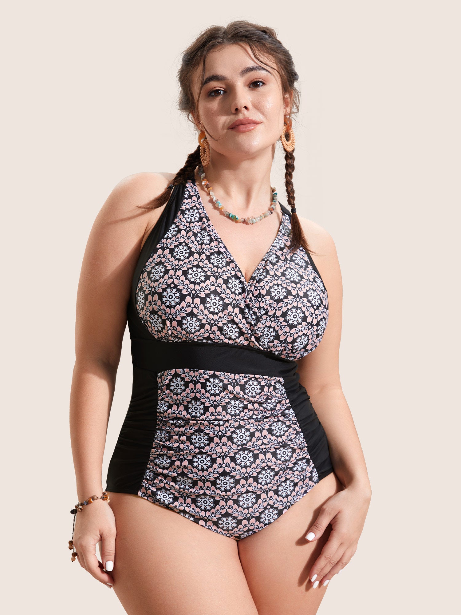 Overlap Collar Boho Print Patchwork One Piece Swimsuit