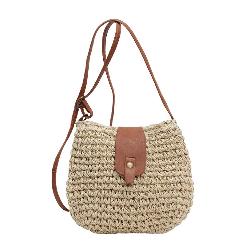 Women's Medium Straw Solid Color Vacation Beach Weave Bucket Magnetic Buckle Crossbody Bag