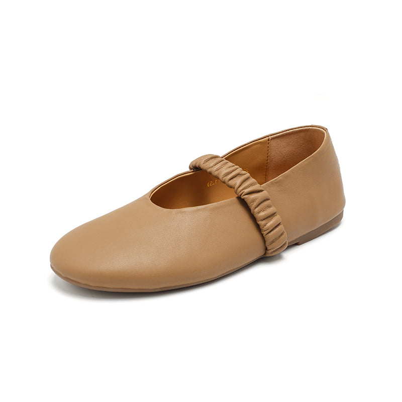 Casual Soft Sheepskin Mary Jane Flats with Elastic Strap in Khaki/Deep Brown/White/Black